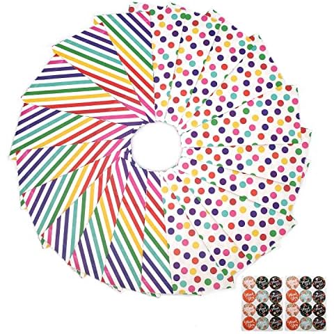 20 Pcs Kraft Party Paper Bag, 18 x 9 cm Gift Bags 10 Pcs Rainbow Stripe and 10 Pcs Polka Dots Party Paper Bags Kraft Treat Gift Bags Flat Bottom Grocery Candy Bags with 24 Pcs Thank You Stickers Cover