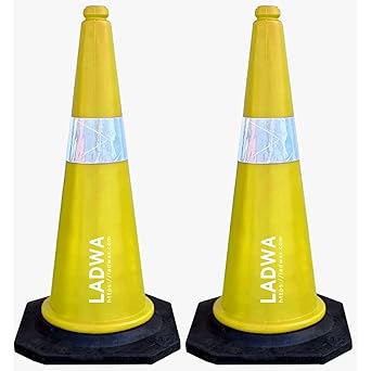 LADWA Industrial Accidental Road Safety Cone Pack of 2, 750mm, Impact Resistant 2 Yellow Cones + 2 Meter chain + 2 Hooks with Black Rubber Weighted Base and Highly Visible Reflective Collar (Yellow)