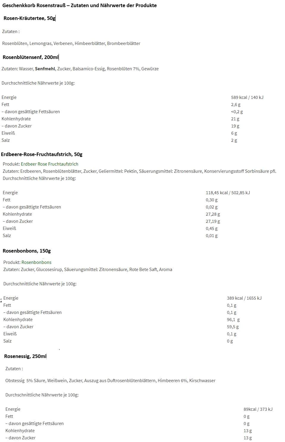 Geschenkkorb/Präsentkorb Rosenstrauß mit Rosen-Balsam-Essig, Rosenpfeffer, Kristallsalz mit Rosenblüten, Rosen-Fruchtaufstrich oder Honig mit Rosenöl, Rosenblüten-Senf und Schokolade mit Rosenblüten