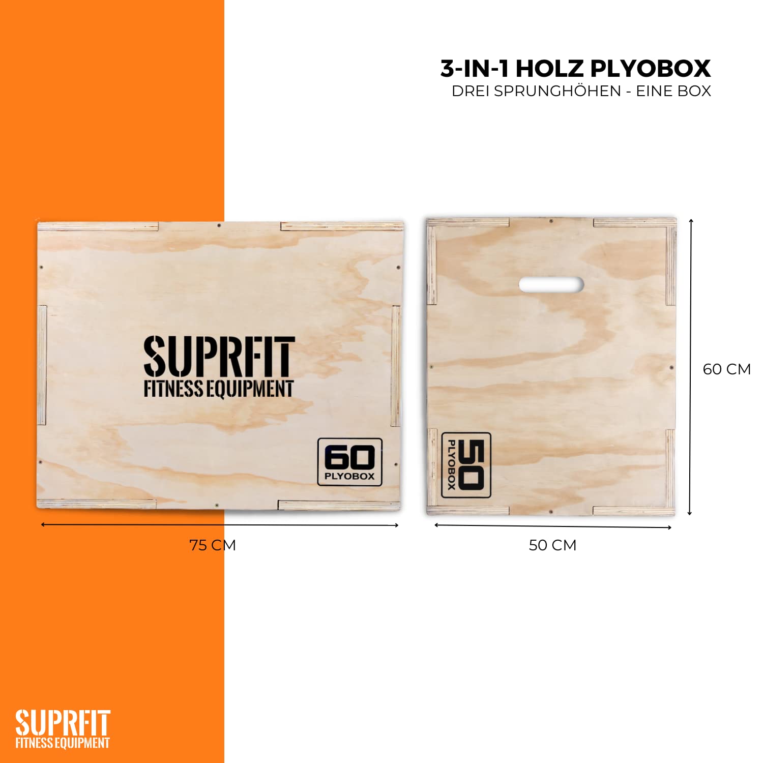 Suprfit Baltrun Box per salti l Box per pliometria l Jump Box per Allenamento pliometrico e Forza esplosiva l Materiale: Legno Compensato l Altezze di Salto: 50, 60 o 75 cm l Colori: Nero o Marrone