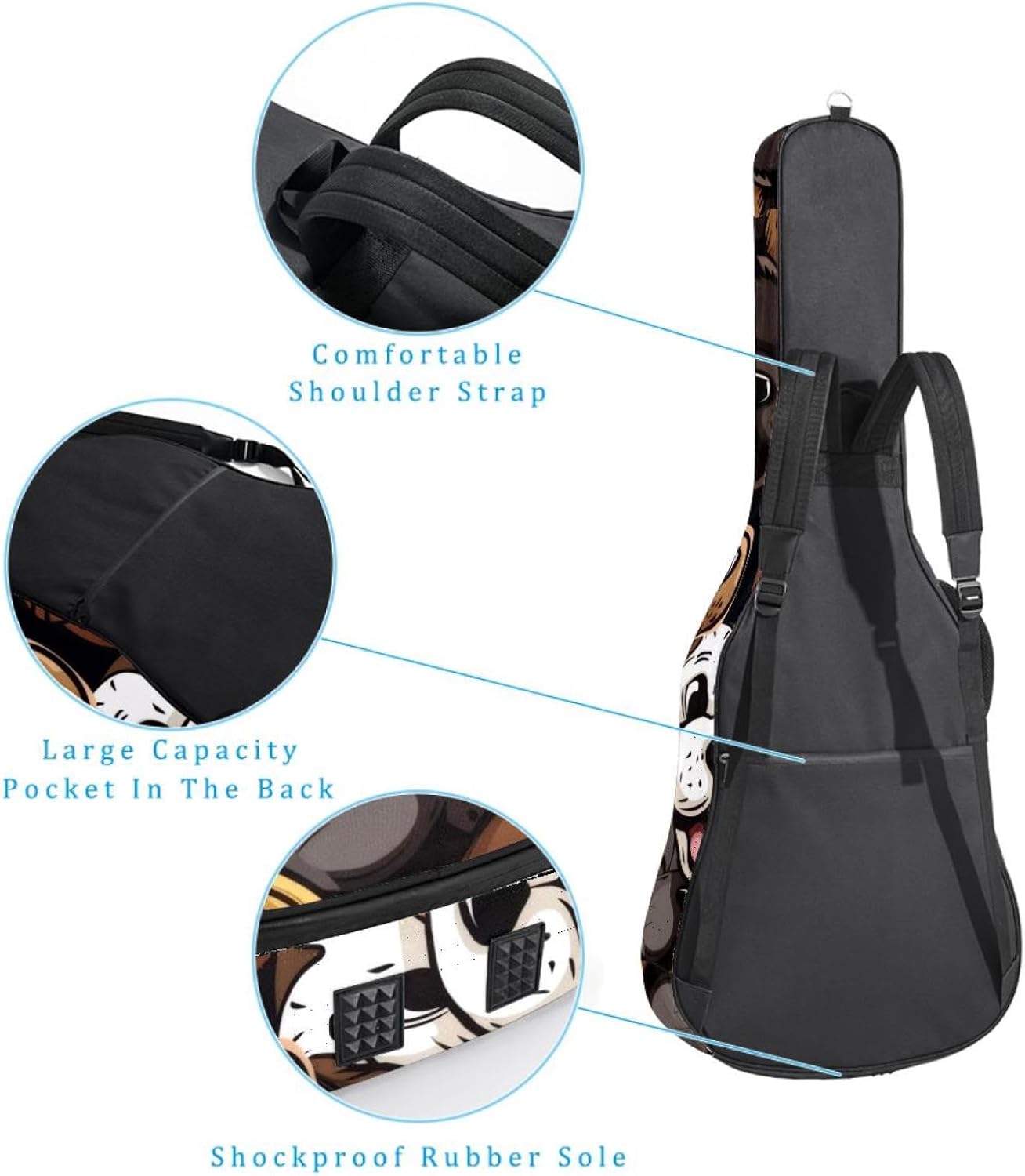 Acoustic Guitar Bag 0.4 Inch Thick Padding Waterproof Guitar Case Gig Bag for 40 41 42 Inch Electric Bass Classical Guitar, Cute Cartoon Doodle Puppy Dogs