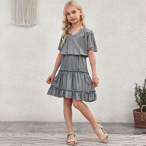 Blibean Girl Summer Boho Dress Tween Kid Short Sleeve Outfit Maxi Dresses Aline Ruffle Clothing Solid Bohemian Swing Clothes Size 4-5 Years Small Gray #TOP1