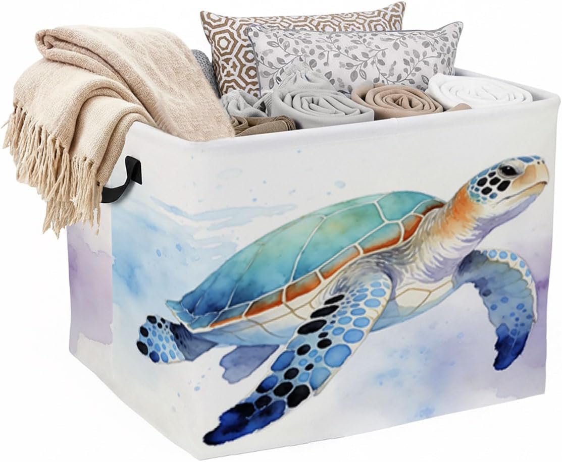 Ocean Sea Turtle Laundry Hamper 56L Large Laundry Basket with Handles, Foldable Clothes Hamper for Bedroom Bathroom, Decorative Toy Storage Bin, Home Decor Organizer for Blankets, Towels & Toys.