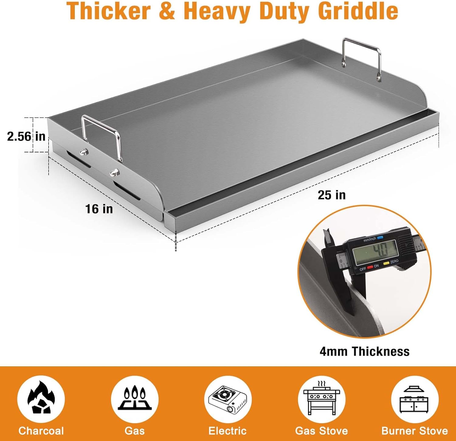 griddle for gas grill, 25"x 16” universal fry pan metal flat top griddle plate for gas stove/charcoal/electric/gas grill, large stove top griddle insert for camping, tailgating and parties metal 25" x 16" x 3"