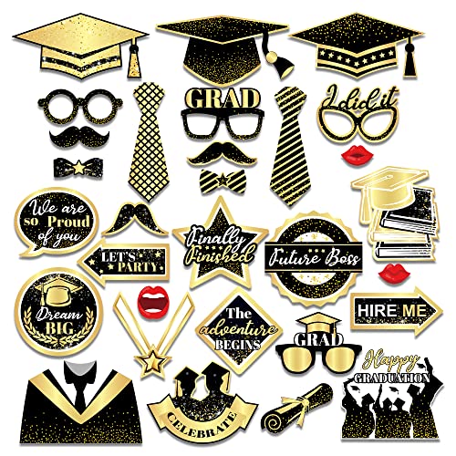 Black and Gold Graduation Photo Booth Props 2023-30 Pieces Graduation Party Decorations and Photo Props for Celebrating in Style
