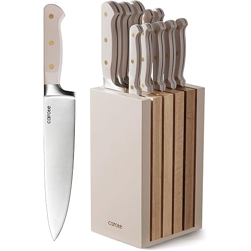 CAROTE 11PCS Knife Set with Block for kitchen, Stainless Steel Razor-Sharp Blade, Triple Riveted Ergonomic Handle,Essential Knife Set,Brown