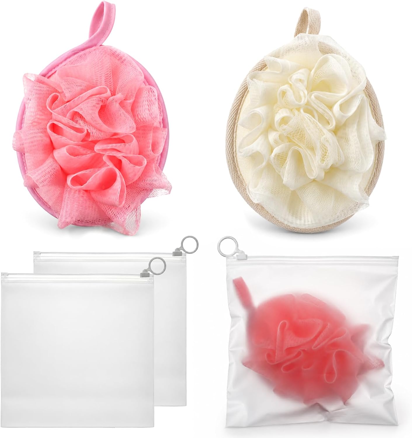 2 PCS Travel Loofah Exfoliating Shower Bath Sponge with Storage Bag