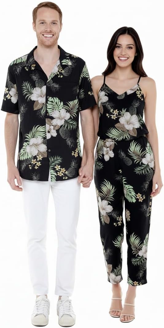 Matchable Couple Hawaiian Luau Shirt or V-Neck Jumpsuit with Pockets in Pineapple Garden Black