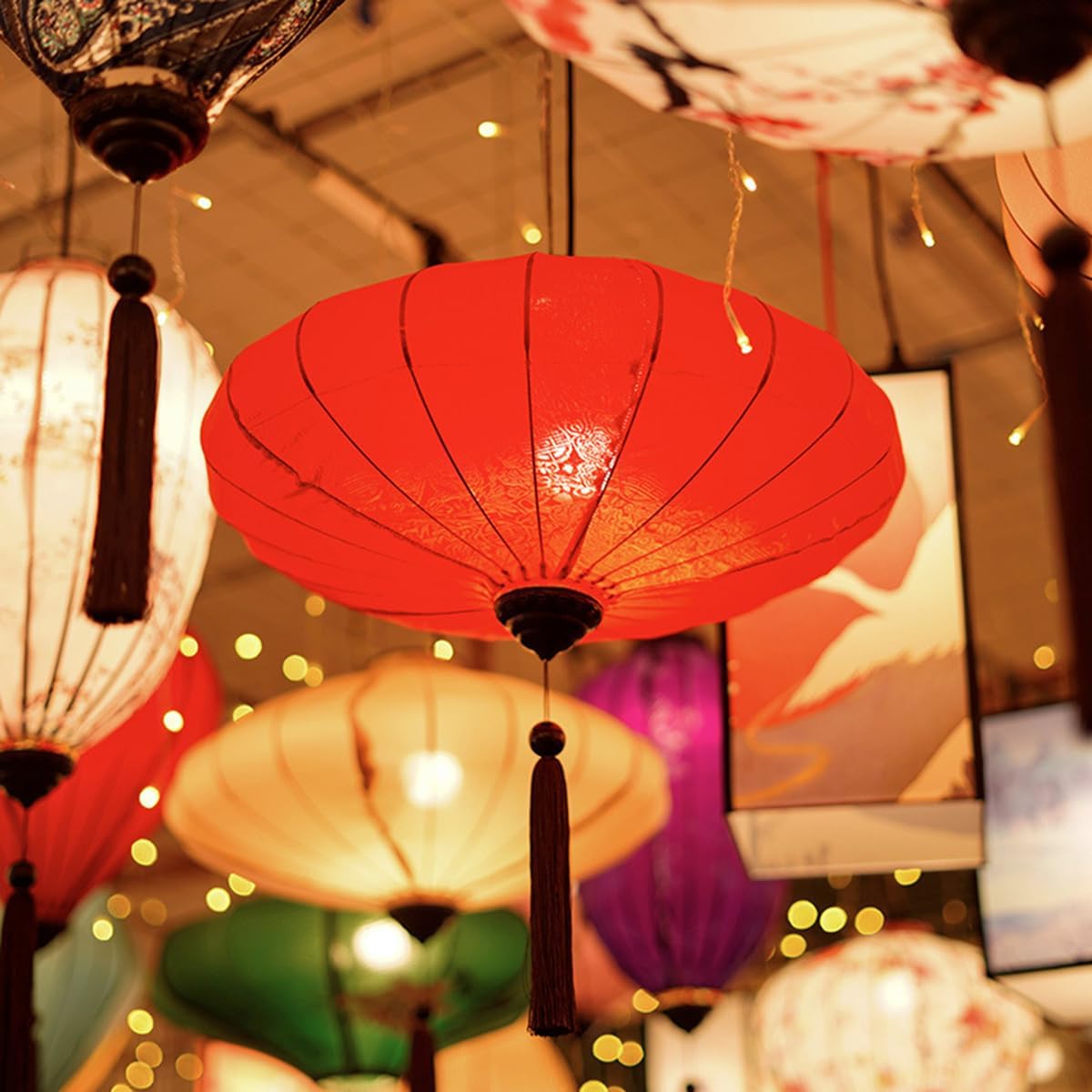 2 Pack Chinese Lanterns Large 16-inch Diameter Silk Lantern Hanging Lantern Lights Lamps Outdoor Patio Ceiling Decor Floral Lamp (Red)