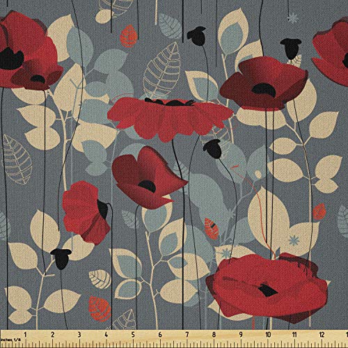 Image of Ambesonne Poppy Flower Fabric by The Yard, Abstraction of a Growing Floral Garden Leaves Botanical Modern Nature, Microfiber Fabric for Arts and Crafts Textiles & Decor, 2 Yards, Blue Orange Coral