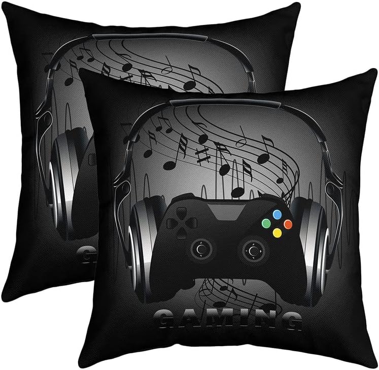 Juego de 2 fundas de almohada con estampado de consola de videojuegos, para el hogar, sala de estar, notas temáticas musicales reversibles, color
