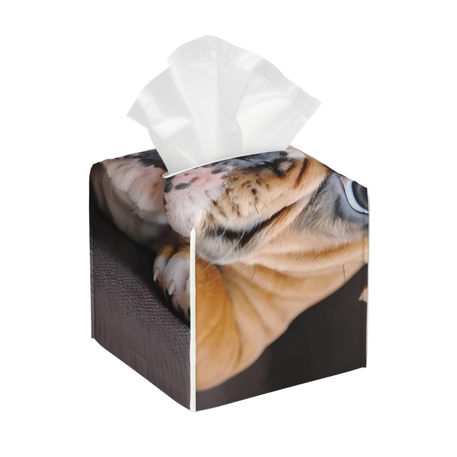 English Bulldog Puppy Dog Leather Tissue Box Cover Holder Square Facial Paper Organizer 5.2" X 5.2" X 5.2"