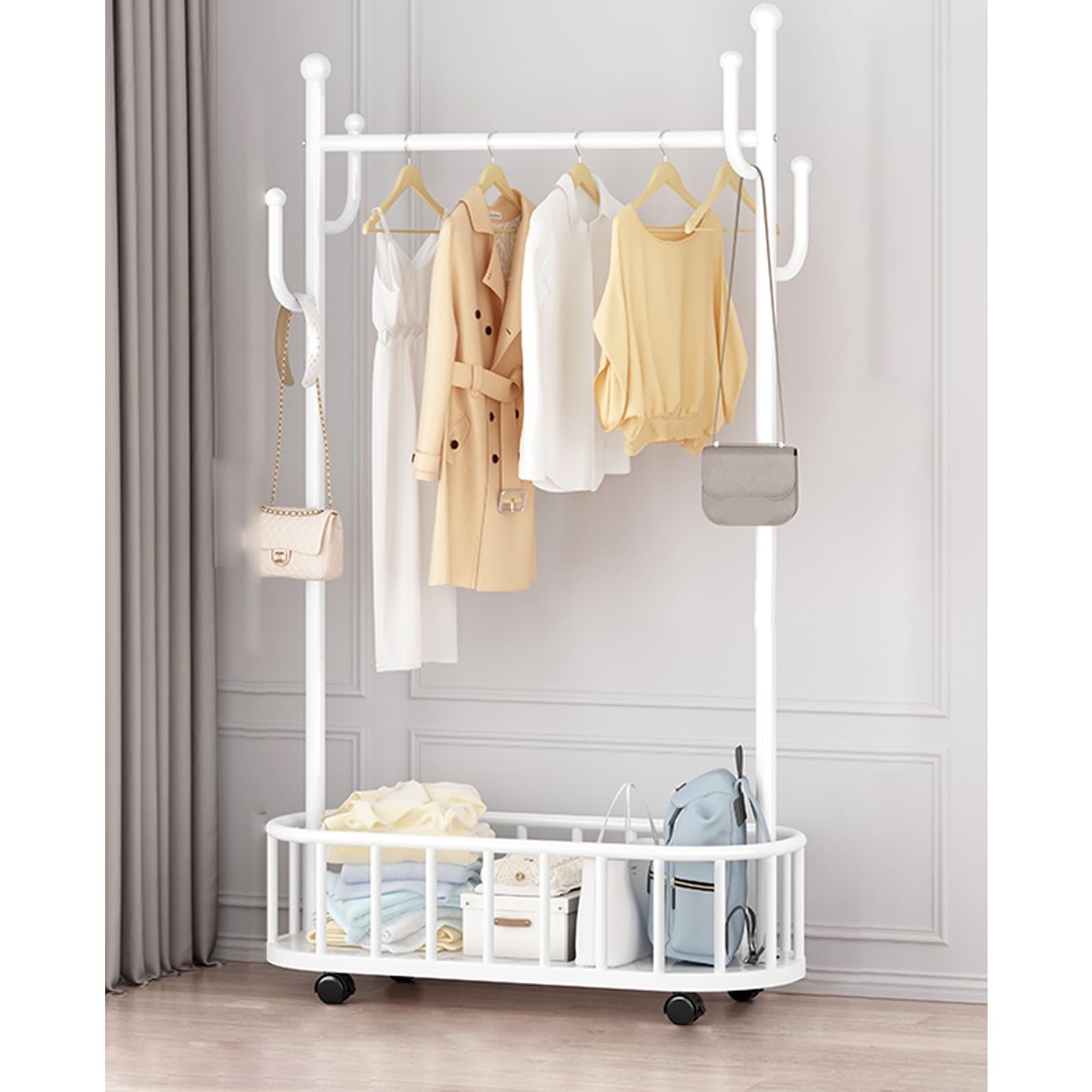 Freistehender Kleiderständer Mit Ablagekorb & Rollen - Metall-Garderobe Für Schlafzimmer/Wohnzimmer (40x40x165 Cm)