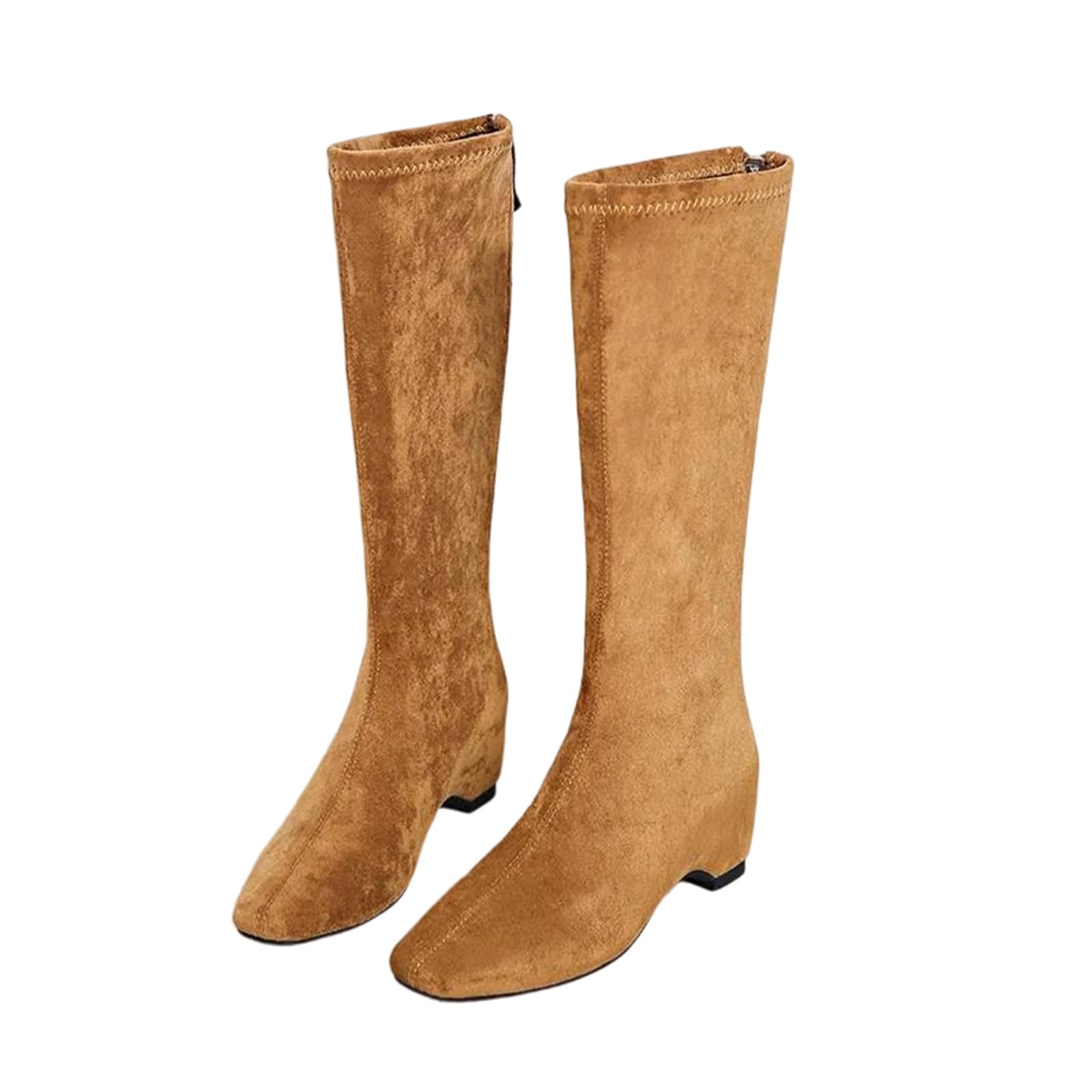 Alloaone Womens Vintage Flock Knee High Boots Square Toe Mid Thick Heel With Side Zipper For A Slim