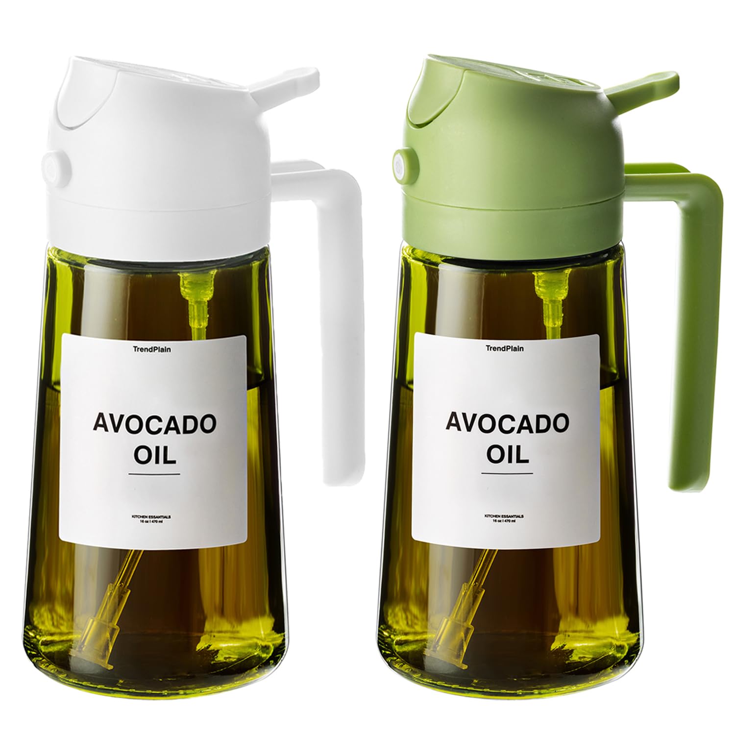 TrendPlain - 16oz Olive Oil Dispenser for Kitchen - 2 in 1 Olive Oil Dispenser and Oil Sprayer - Olive Oil Dispenser Bottle w/Stickers - Olive Oil Sprayer for Cooking 2Pcs White&Green (Light Blockage)