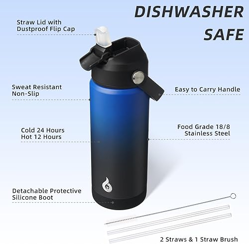 Miniatura 3 de BJPKPK Botella de agua aislada con tapa con pajilla, botellas de agua térmicas de 18 onzas, mango flexible y funda antideslizante, termo de metal de