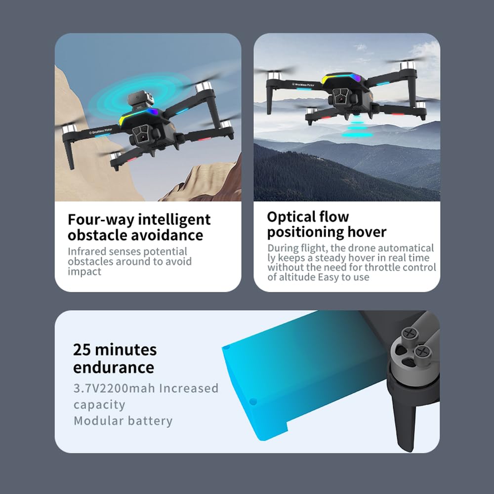 F168 Drone con Tripla Fotocamera HD, Motori Brushless, OAS Evitamento Ostacoli 360°, EIS Anti-Sballottamento, Batteria 2200mAh - Drone Pieghevole con Custodia