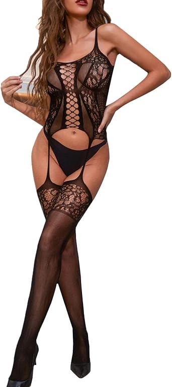 ROSVAJFY Womens Fishnet Bodystockings Sexy Lingerie One Piece Plus Size Bodysuit Hollow Out Babydoll See Through Jumpsuit