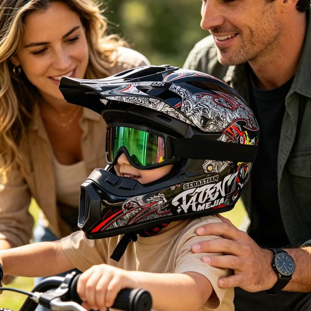 Casco Integral para Motocross Homologado por La Dot - Kit Completo de Casco para ATV para Adultos Y NiñOs con Gafas, Guantes, MáScara, Visera Ajustable Y Cierre RáPido