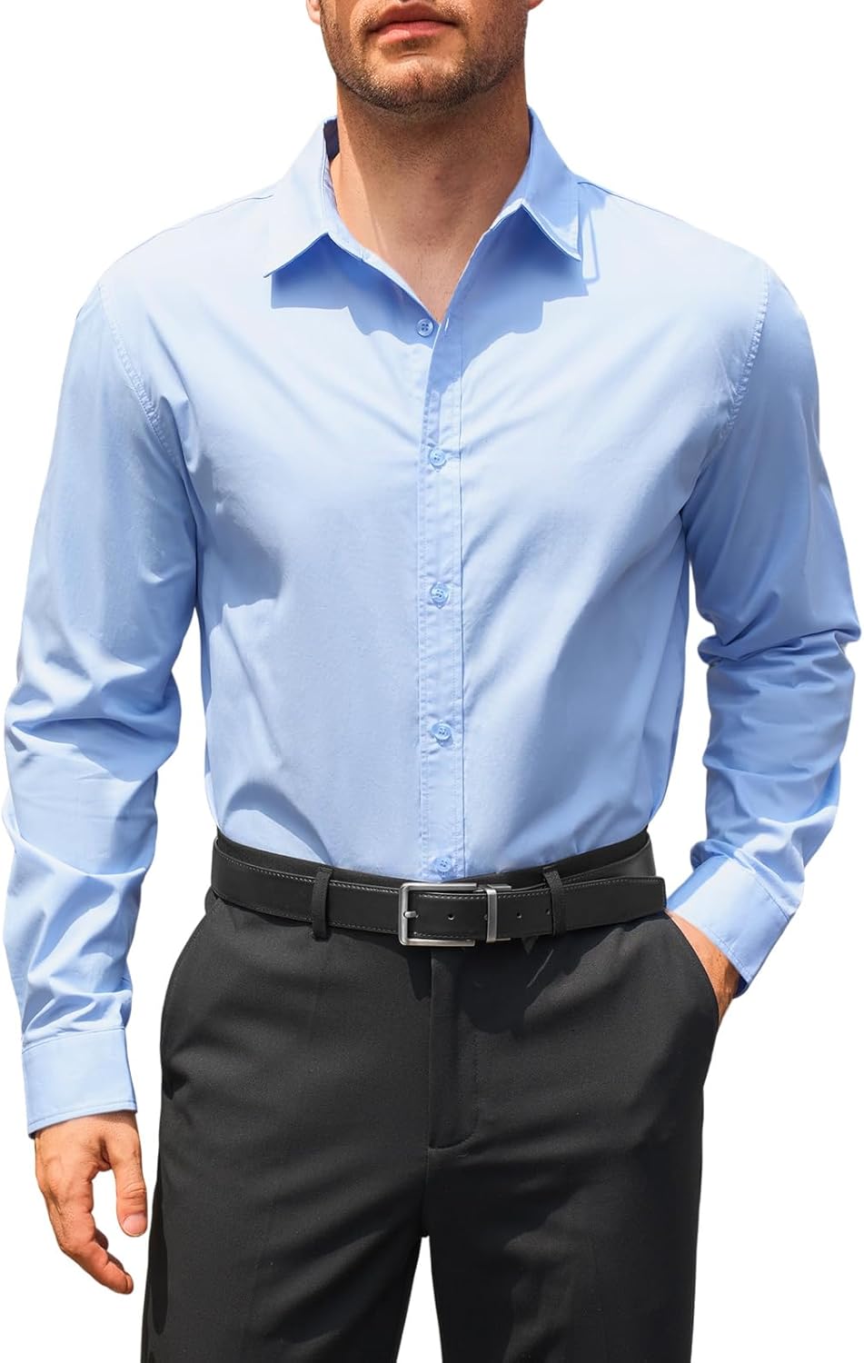 DEMEANOR Heren stretch hemd zonder kraag lange mouwen business hemd slim fit strijkvrij opstaande kraag, Wit, S