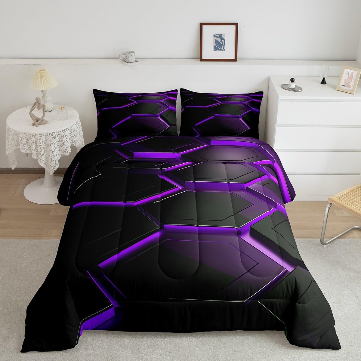 Purple Black Geometric Full Size Comforter Set,Abstract Geometric Bedding Set for Adults Teens,Children Modern Fashion Comforter Luxury Video Games Neon Quilt Set Room Decor 3Pcs