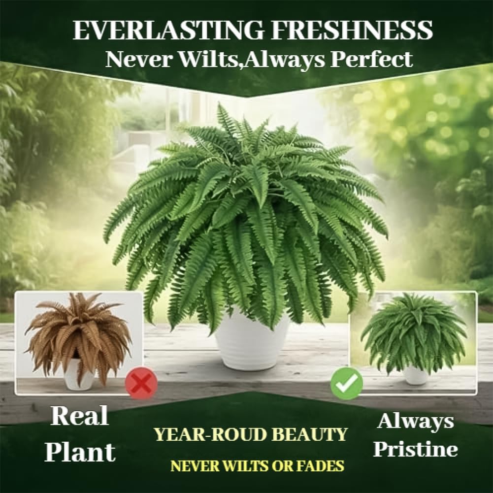 2026 New UV Resistant Lifelike Artificial Boston Fern, Large Fake Ferns, 38/60/88 Leaves Silk Artificial Ferns Maintenance-Free for Outdoor Hanging Baskets, Porch, Garden Décor (60 Leaves)
