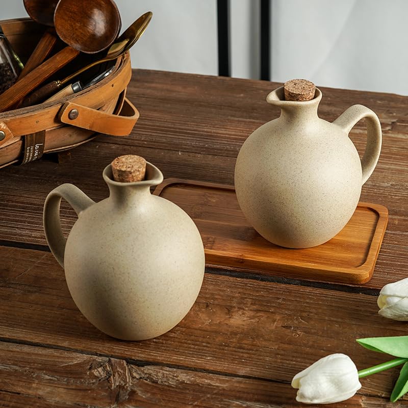 Ölspender-Flaschen-Set aus Keramik mit Korkverschluss und Tablett, 500 ml, kein Tropfen, für Küche, Öl- und Essigaufbewahrung