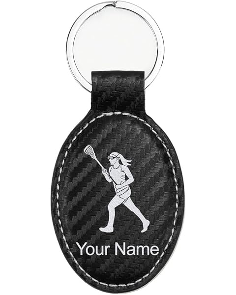 LaserGram Oval Keychain, Lacrosse Player Woman, Personalized Engraving Included