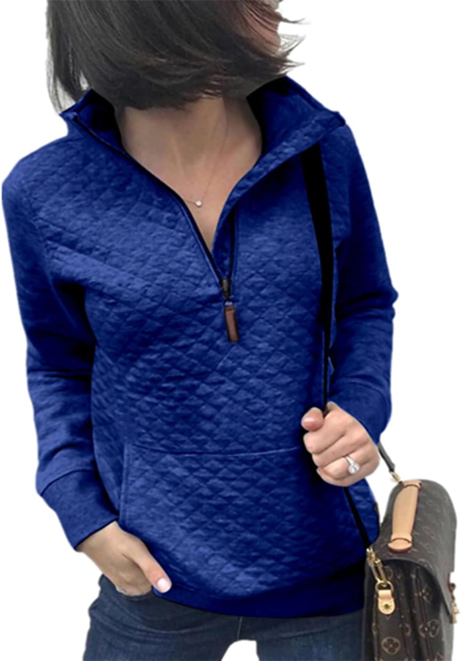 Barlver Womens Fashion Quarter Zip Stand Collar Sweatshirts Long Sleeve Plain Casual Ladies Pullovers Shirts Tops