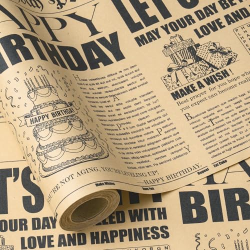 RUSPEPA Kraft Birthday Newspaper Wrapping Paper Roll Vintage Retro Birthday Headlines with Party Cake & Gifts Design Kraft Gift Wrap for Adult Milestone Celebration Party 17 Inches x 16.4 Feet