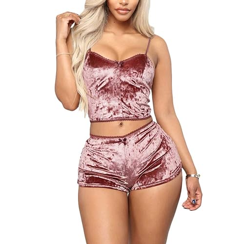 Angsuttc Women's Velvet 2 Piece Outfit Spaghetti Strap Crop Top Camisole Shorts Pajamas Set Sleepwear Nightwear