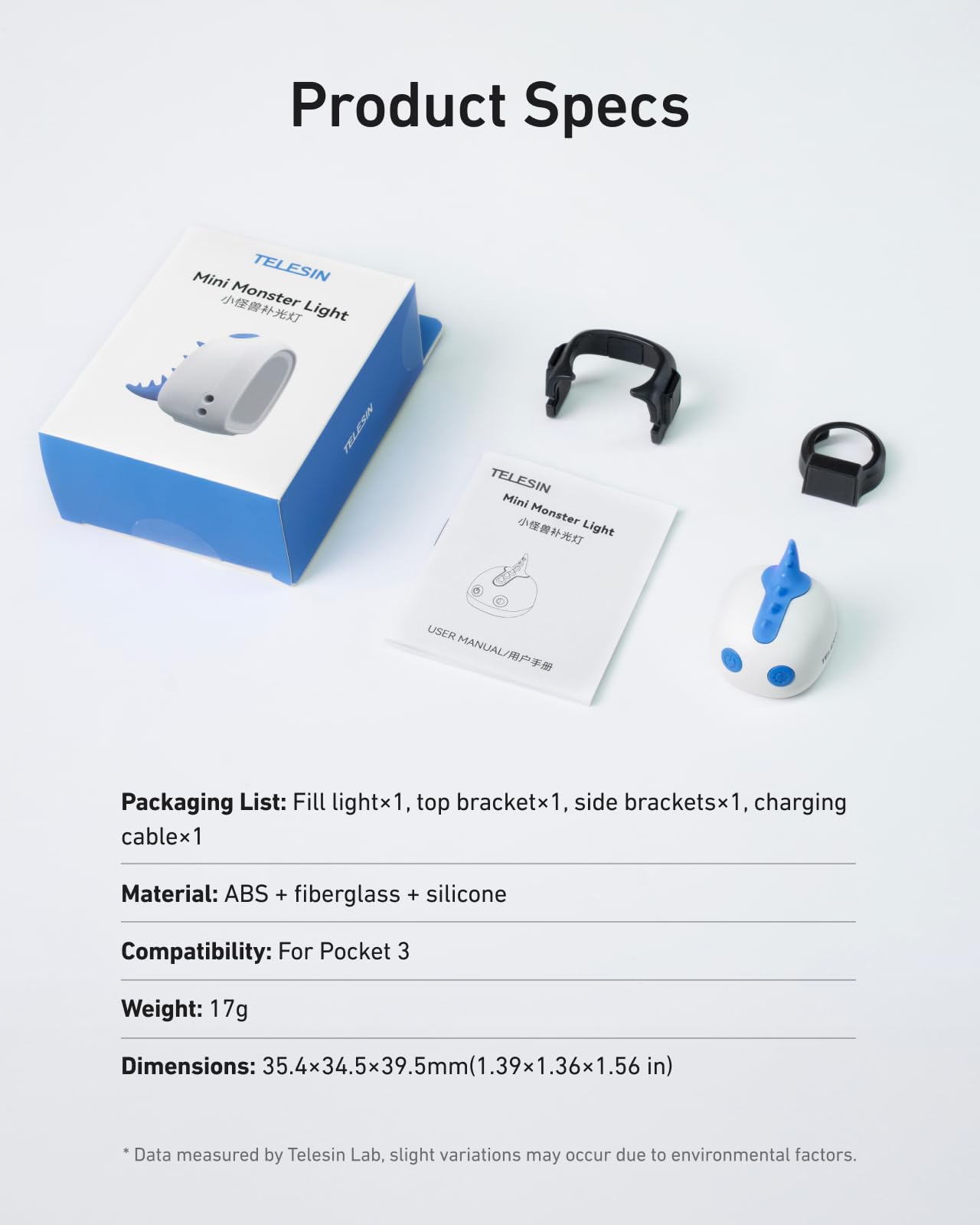 TELESIN 3er-Pack Mini-Monster-Magnet-Fülllicht-Set für DJI Osmo Pocket 4 3, 12 Stunden Akkulaufzeit und 3-stufig einstellbare Helligkeit, LED-Licht mit Fülllichthalterung für Vlogging und Reisen