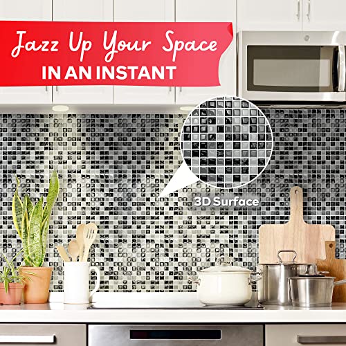 Xfasten Square Peel And Stick Backsplash For Kitchen 10Pcs 12” X 12” W/Cutter Black Gray Mosaic Kitchen Backsplash Tile Peel And Stick Tiles Stick On Adhesive Backsplash Tile For Kitchen And Bathroom #TOP2