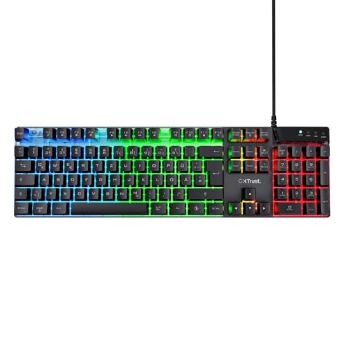 Trust Gaming GXT 835 Azor Gaming Tastatur mit Beleuchtung Deutsches QWERTZ Layout, Tastaturlayout in Originalgröße, 3 LED-Farbmodi, Anti-Ghosting, 12 Multimedia-Funktionstasten, PC/Laptop