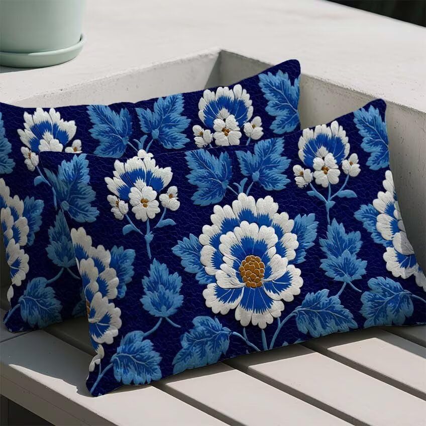 Coussin exterieur impermeable bleu marine 80x100 decoration salon fleur - 2