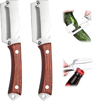 Multi-Functional Vegetable Peeler with Bottle Opener, Stainless Steel Peeler with Wooden Handle, Kitchen Gadgets Tool for Fruit Veggie Pumpkin Potato Brown-2 pcs