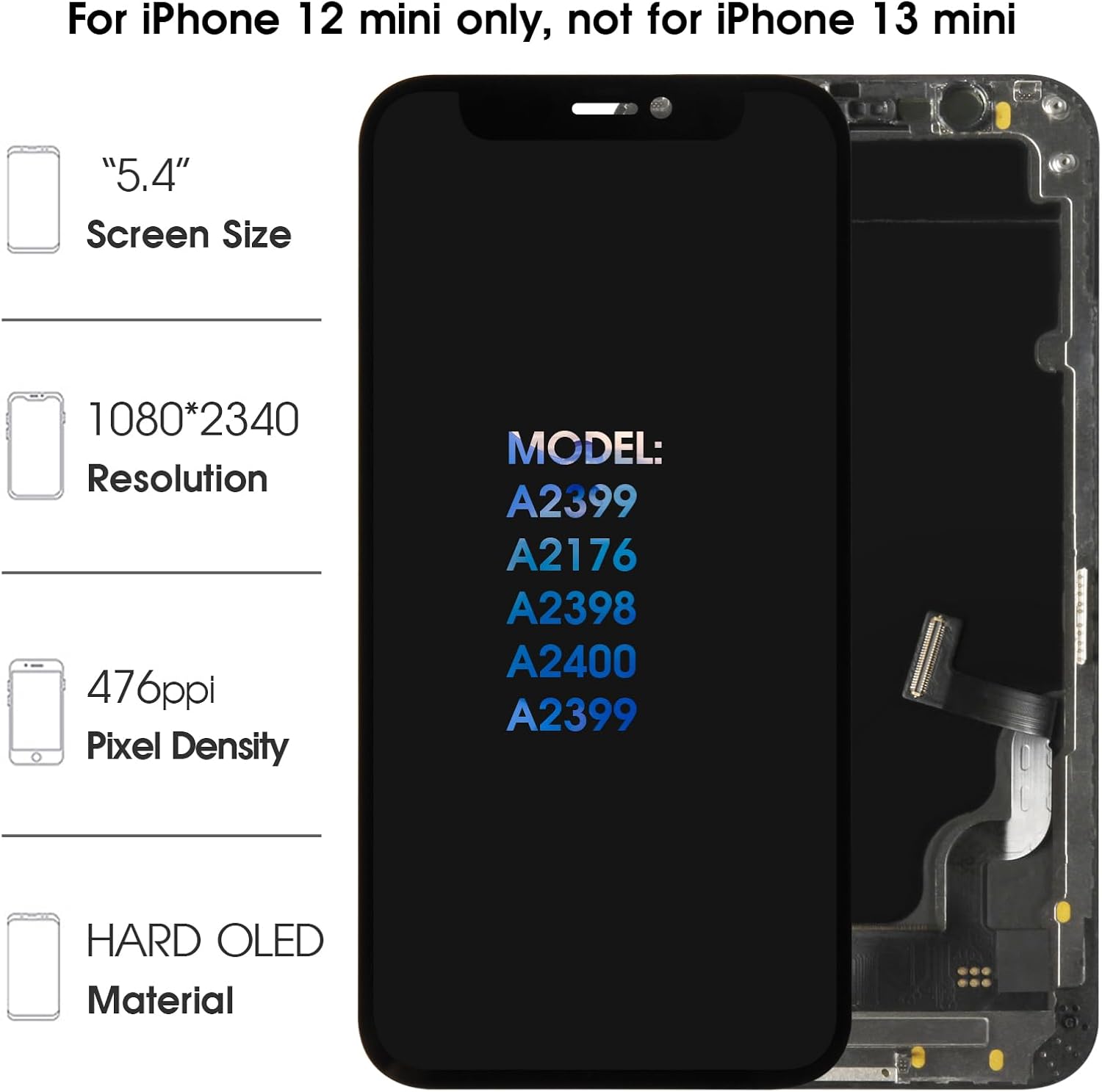 OLED Screen Replacement for iPhone 12 Mini 5.4" Display Assembly Touch Digitizer Compatible with A2399 A2176 A2398 A2400 with Repair Tools[Hard OLED,Not TFT]