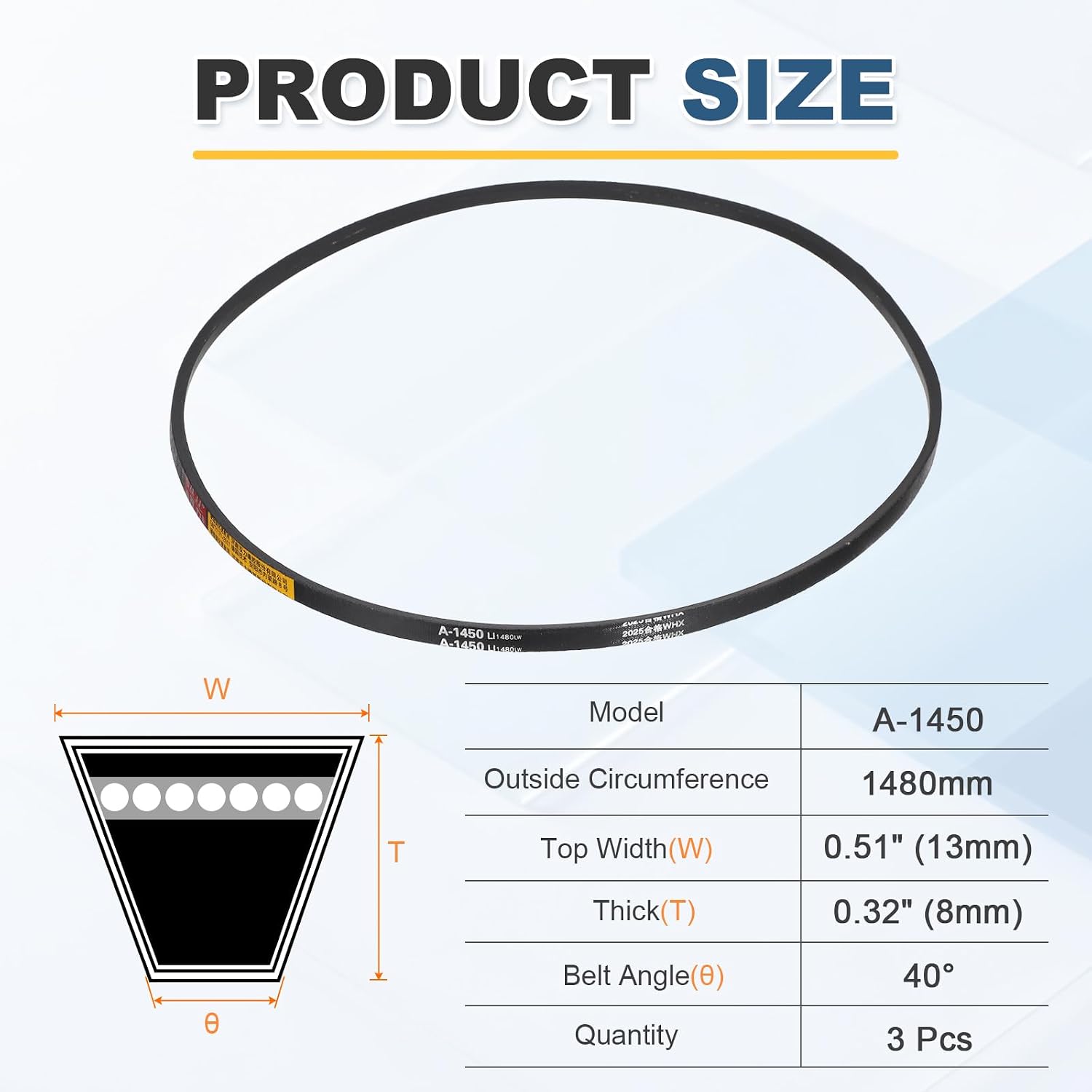 uxcell 3Pcs A-1450 Rubber V-Belt, 1450mm Inner Circumference x 13mm Width x 8mm Thickness, Classic Wrapped V-Belts for Industrial Machinery Equipment