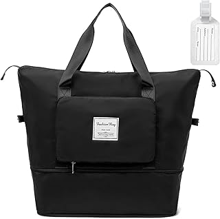 Reisetasche Damen, Faltbare Reisetasche, Sporttasche, Handgepäck Tasche, Wasserdicht Travel Bag Duffle Bag, Trainingstasche, Handtasche für Sport & Reisen (Mit 1 Gepäckanhänger)-Schwarz