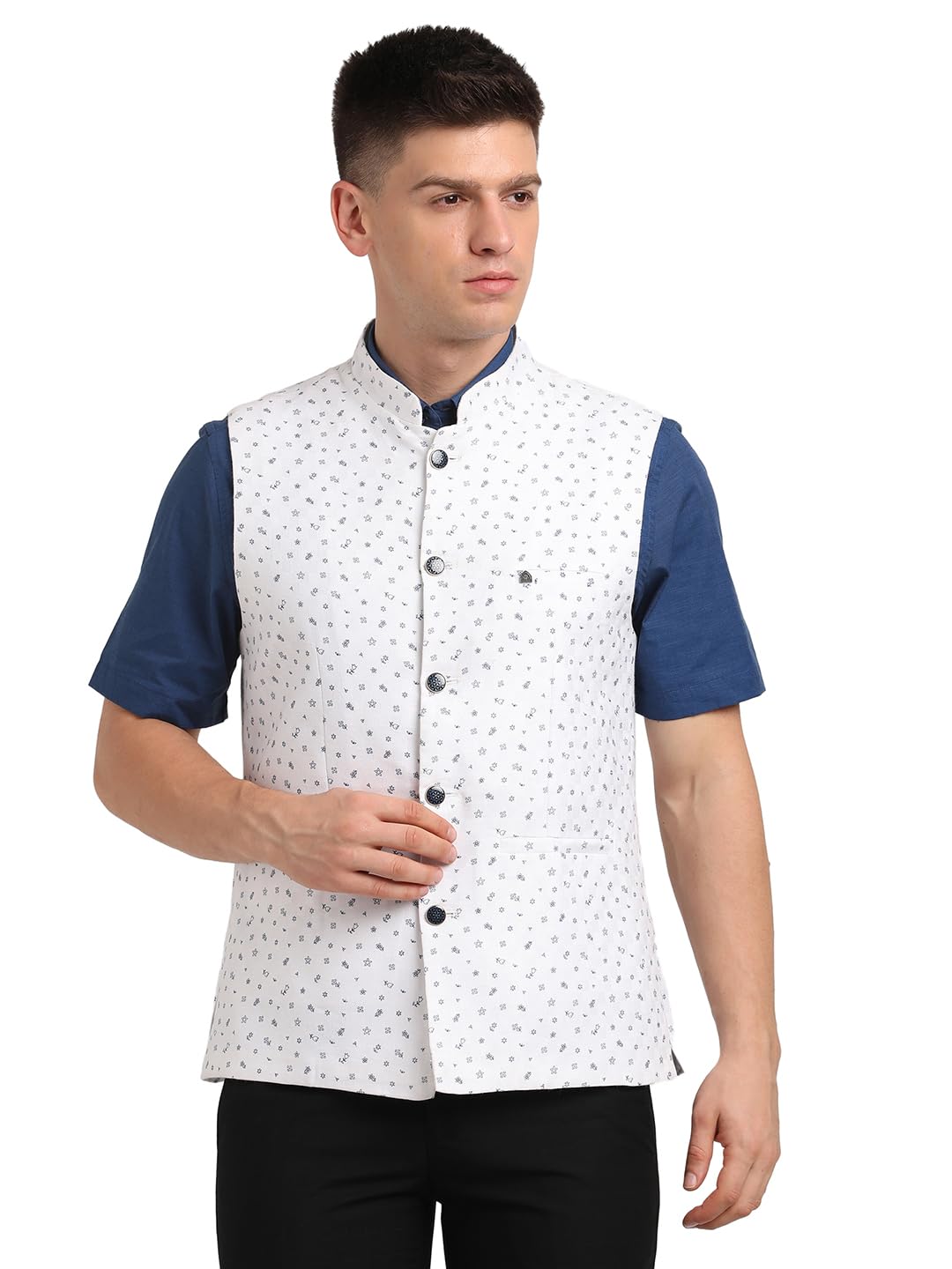 turtle Men Terylene Rayon White Dobby Print Formal Nehru Jacket-picture-47