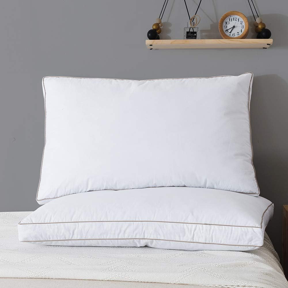 WhatsBedding Natural Goose Down Feather Pillows for Sleeping 100% Cotton Shell with Golden Piping Bed Pillow - Set of 2 Queen Size 20x30 inch