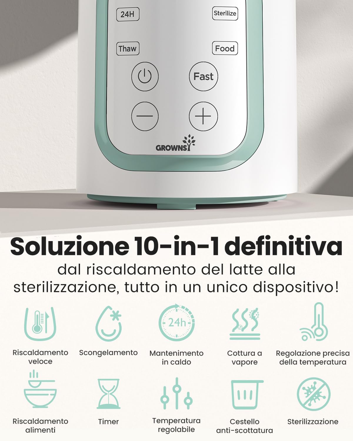 Grownsy Scaldabiberon 10-in-1 Veloce con Timer per Latte Materno o Formula, Controllo Preciso della Temperatura, Funzioni di Scongelamento, Sterilizzazione, Mantenimento Caldo e Riscaldamento Pappe