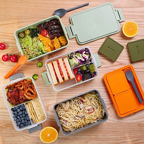 Foto von linoroso Lunchbox Erwachsene Brotdose mit 3 Fächern Bento Box mit Soßenbehälter und Geschirr Lunch Box für Mikrowelle und Spülmaschine Kunststoff BPA-frei Als Frühstücksbox Salatbox - Mintgrün