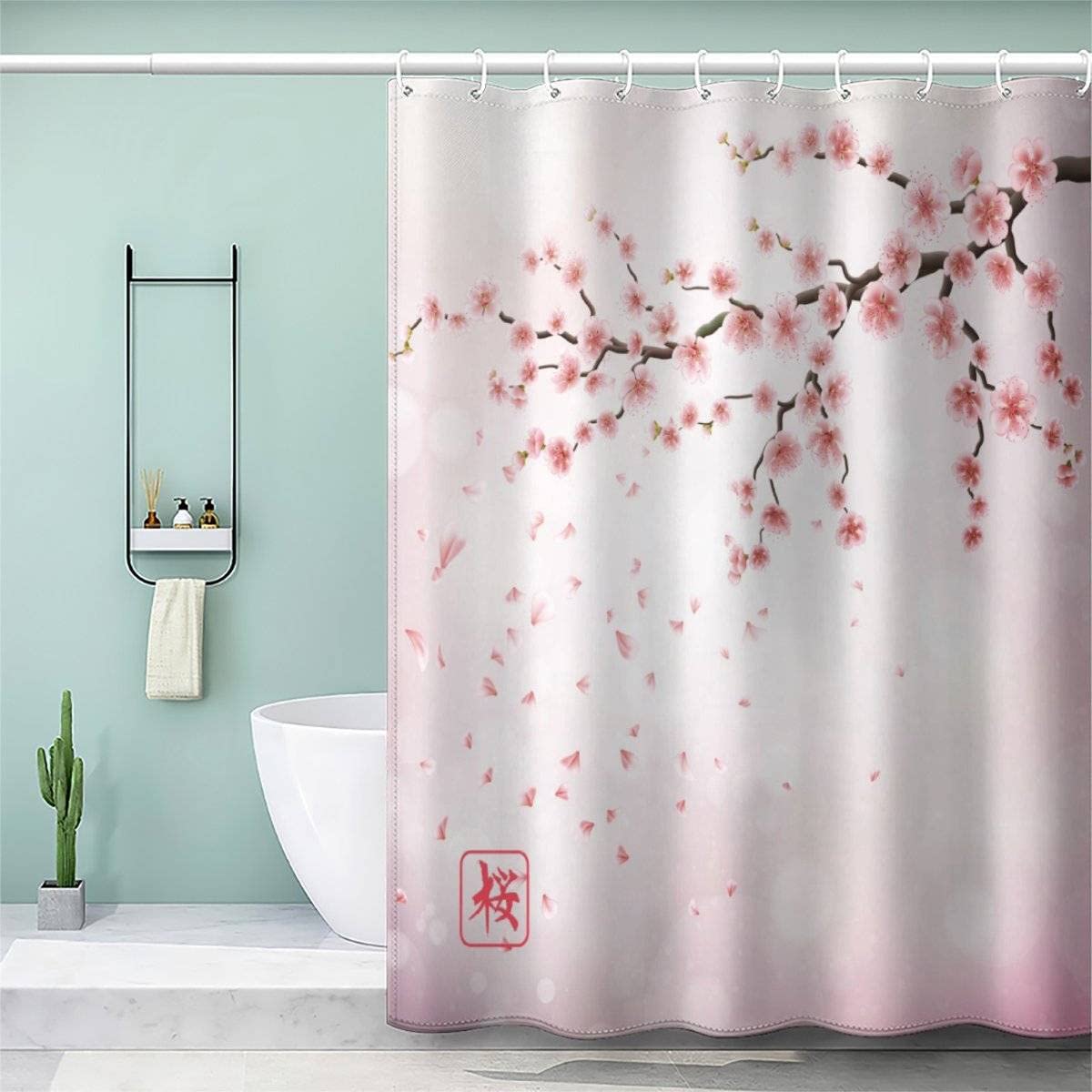 VASENA Shower Curtain Cherry Blossoms Japanese Pink Bath Curtain 3D Printed Mould Proof Bath Curtains for Shower Polyester Shower Curtains 180x180 cm