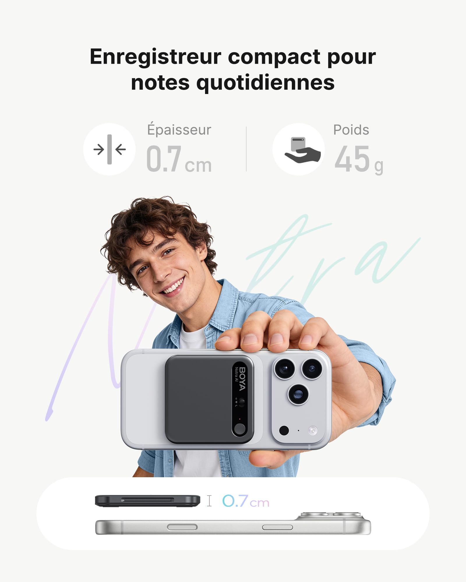 BOYA Notra Enregistreur Vocal IA Dictaphone Numérique avec Transcription et Résumé intelligents, Enregistrement Ambiant/Appels/Casque Bluetooth pour Réunions, Appels et Sessions en Ligne, Noir