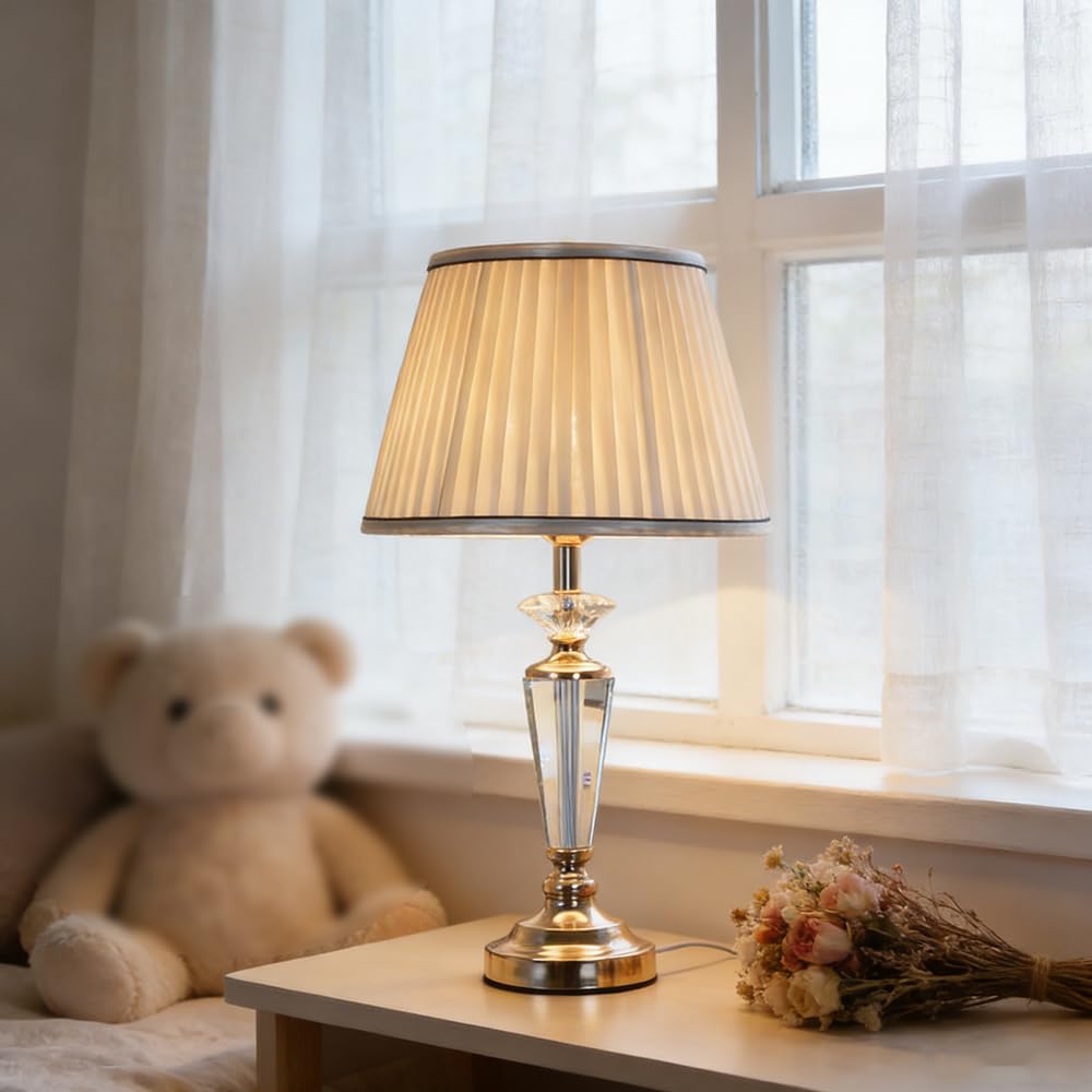 Lampara de noche, lampara de mesita de noche, E27 lampara para mesa con cristales y pantalla dorado, Lámpara De Escritorio redondo pantalla creativo dormitorio Sala De Estar Hotel estudio oficina