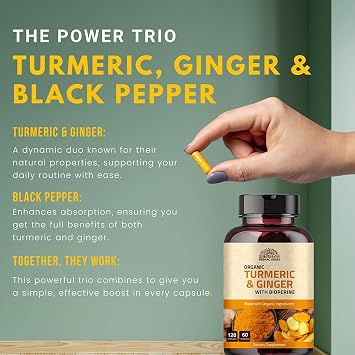 Turmeric Ginger with Black Pepper & Ginger 1000 mg 120 Capsules | Turmeric and Ginger Supplement with 95% Curcuminoids | Extra Strength Supplement| Joint Support Supplement | Non-GMO - 120 Capsules
