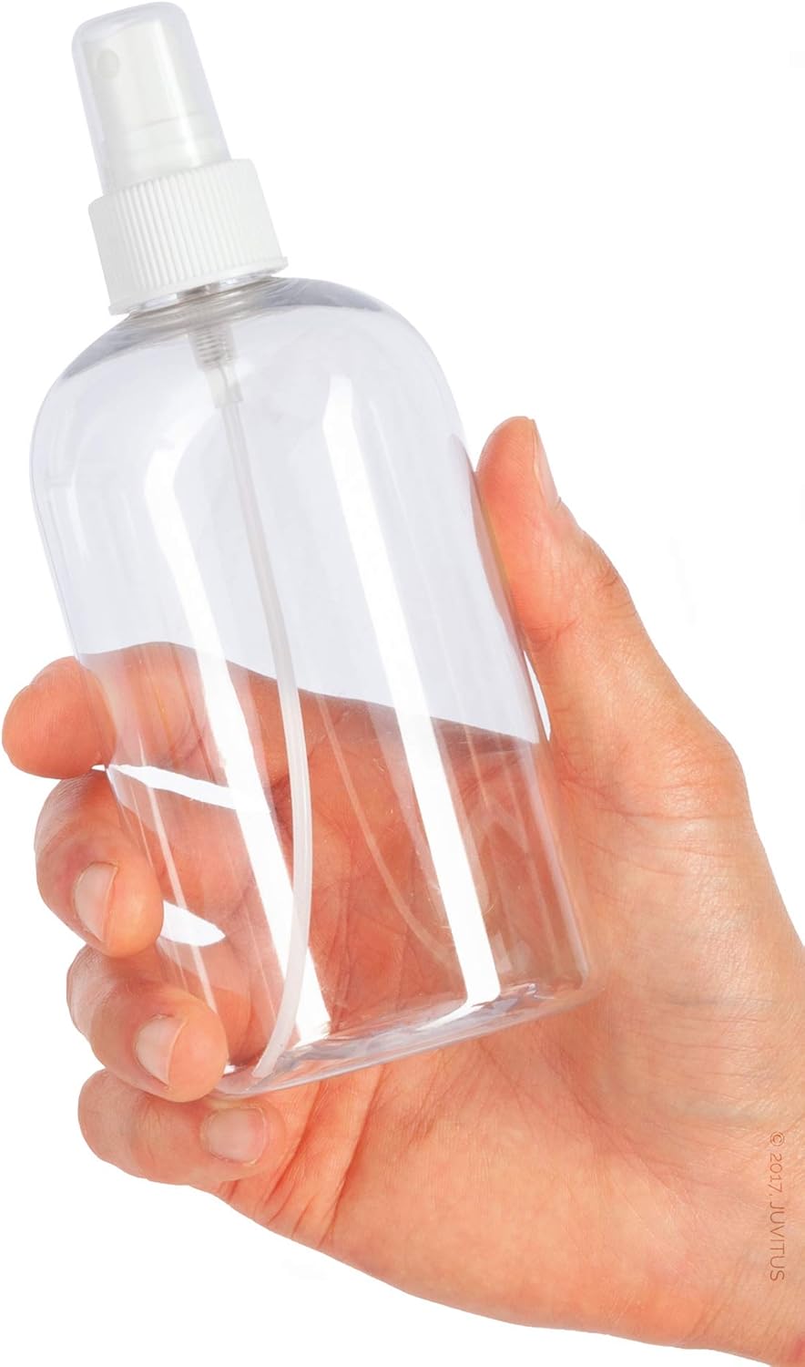 JUVITUS 12 oz Clear Plastic PET Squat Boston Round Bottle (BPA Free) with White Fine Mist Spray (12 pack)