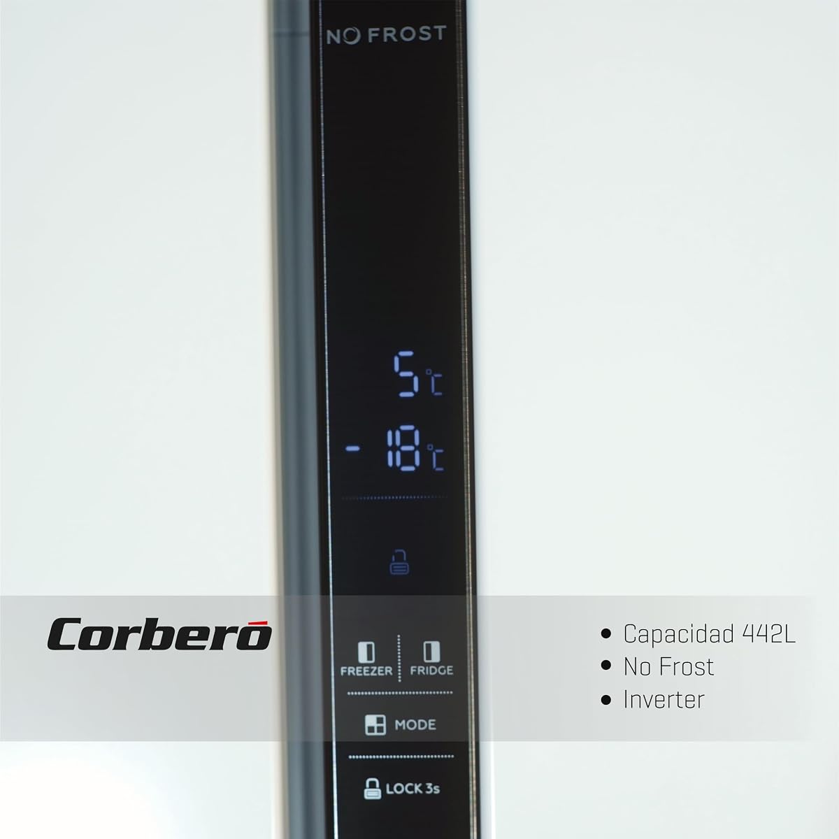 Corberó – Amerykańska lodówka | CFSBSH634NFW | 442L | 186 cm | No Frost | Inwerter | Wyświetlacz | Światło LED | 2 szuflady | Funkcja ECO | Półki szklane | Srebrny wykończenia | biały