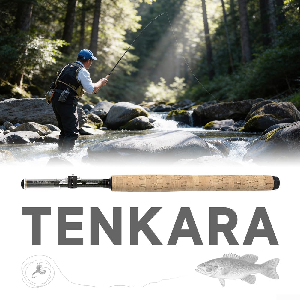 Tenkara Fliegenfischrute aus Kohlefaser mit Holzimitatgriff für kleine Bergfische, 350 cm Gesamtlänge, schwarzes Rollensystem, leichte Ausrüstung für Outdoor-Abenteuerreisen